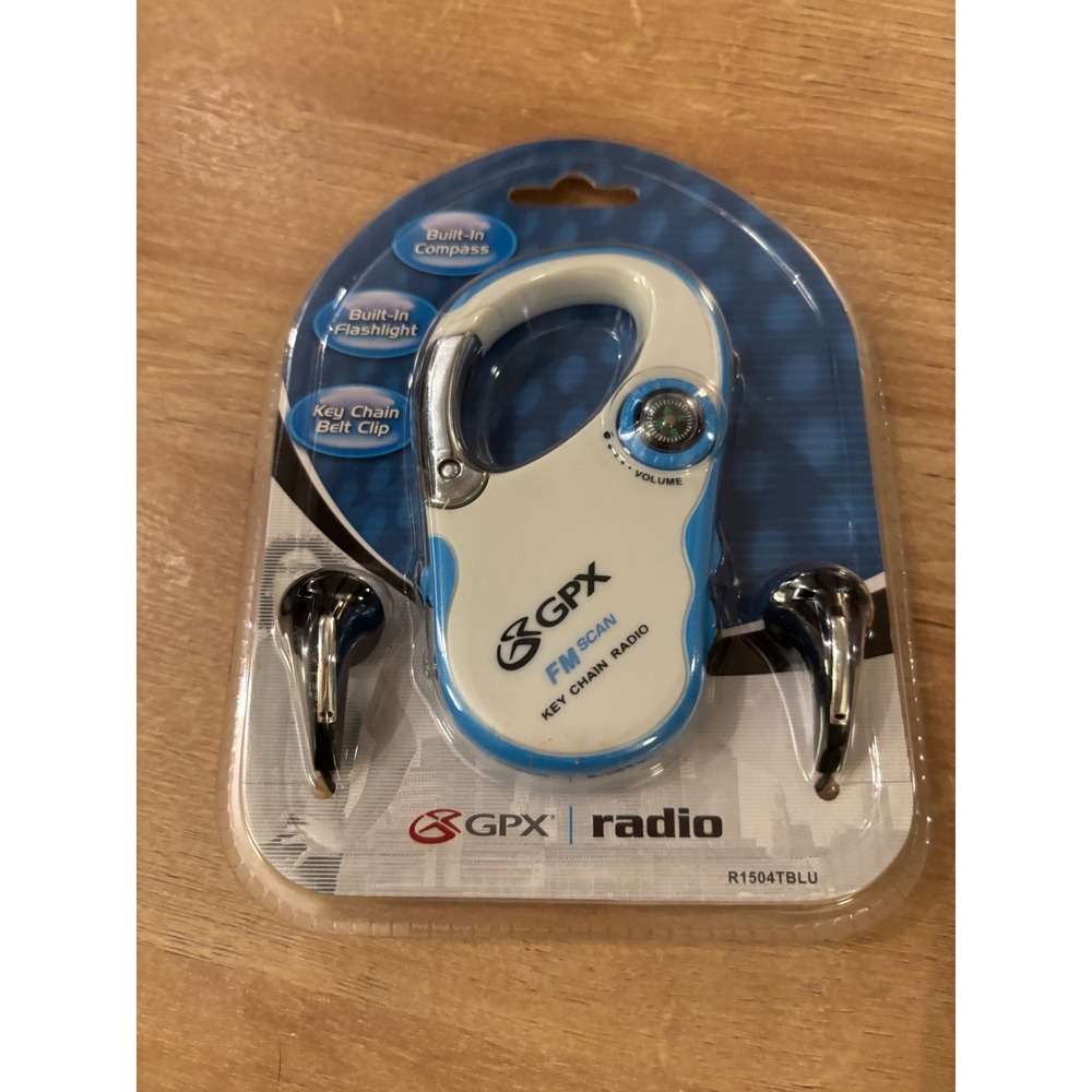 GPX FM Scan Key Chain Radio with Flashlight and Compass Blue White R1504TBLU NEW